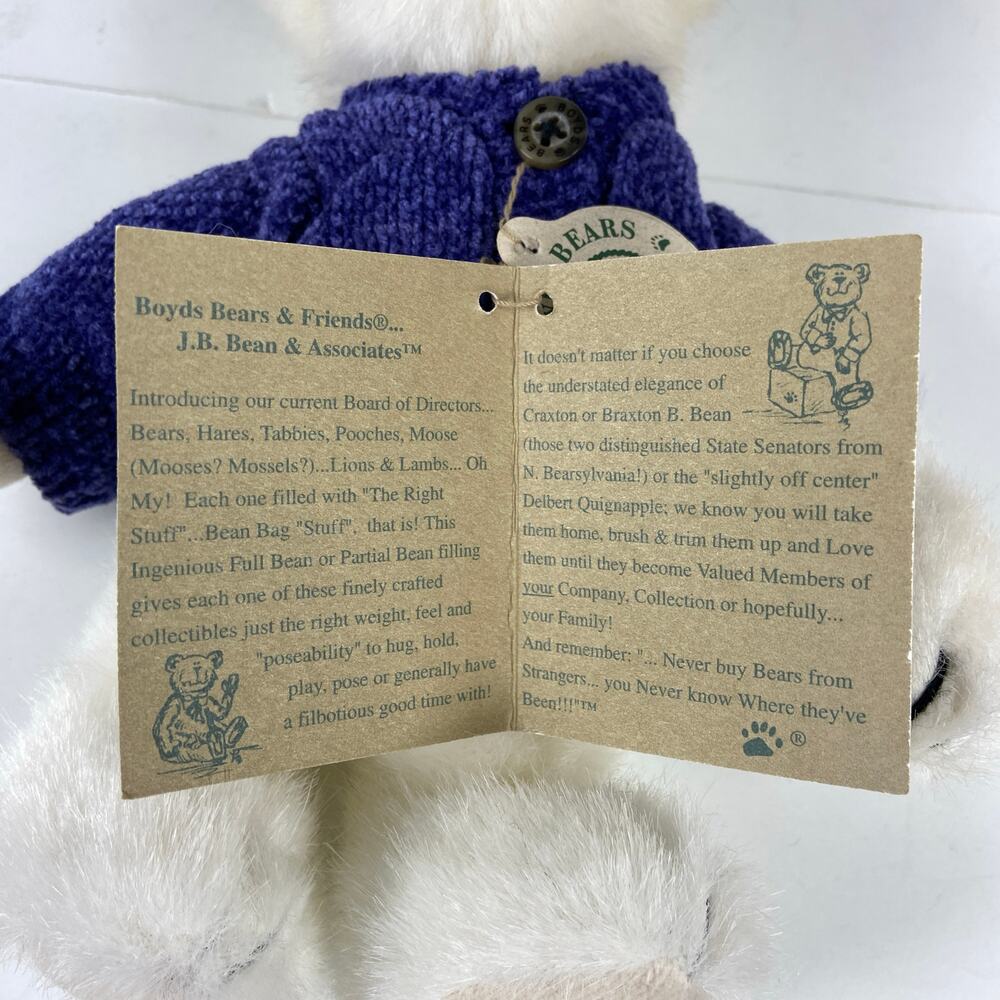 Boyds Collection 1999 20th Anniversary White Bear Plush Toy Blue Sweater 8" - Picture 12 of 12